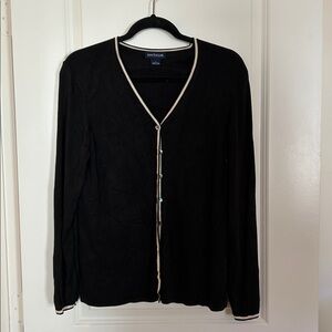 Ann Taylor Black Cardigan with Cream Trim 100% silk
